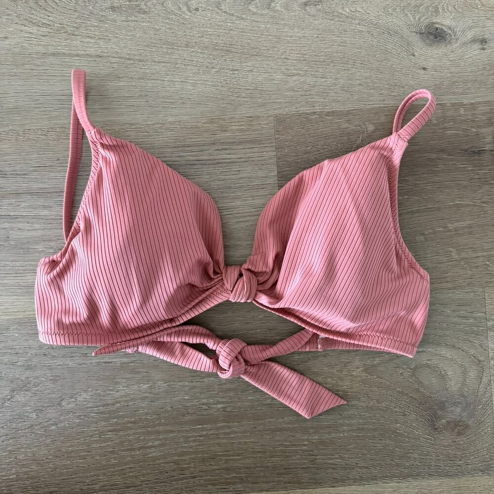 Shade and shore ribbed front knot tie bikini top swimsuit coral pink 34D swim